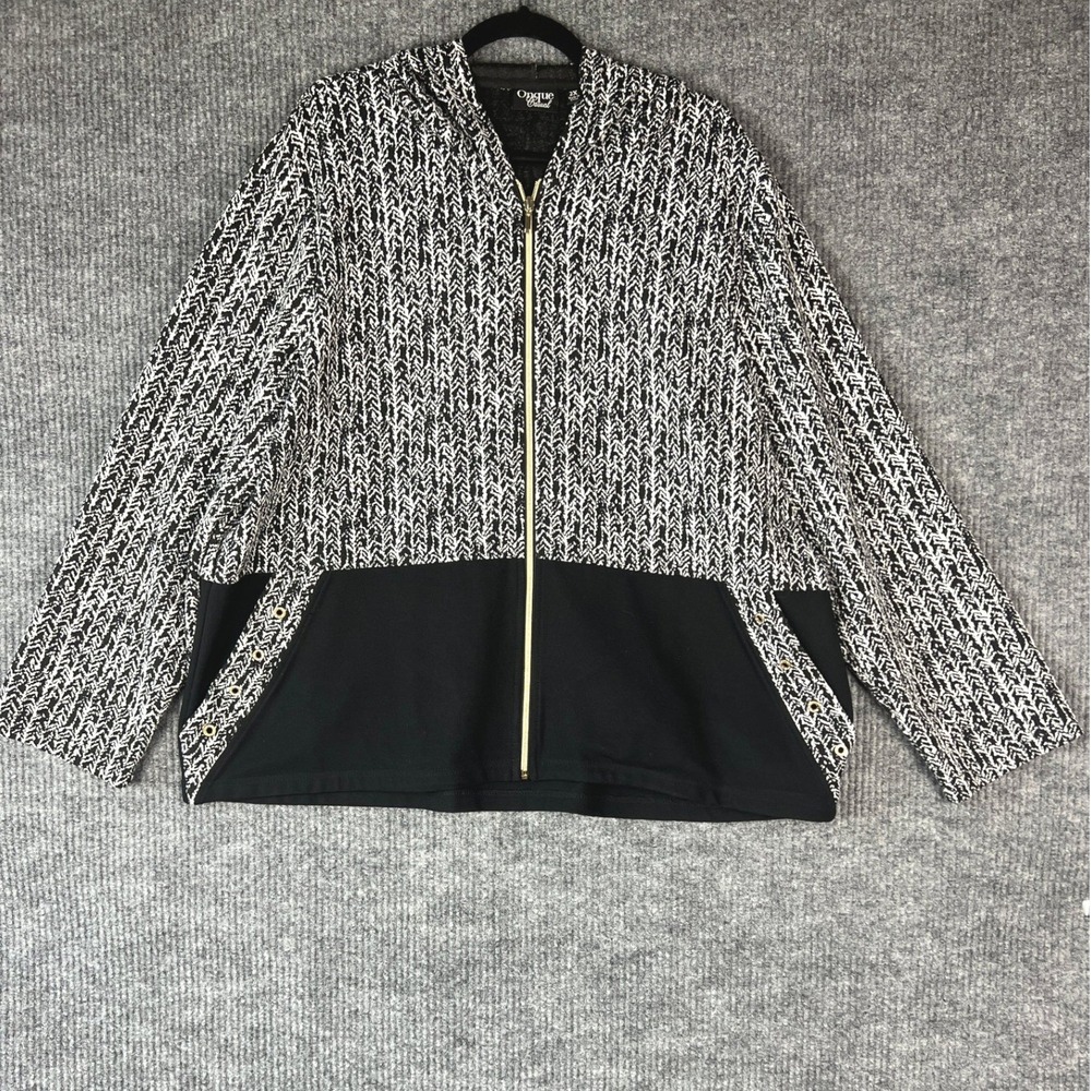 Onque Casual Hooded Zip Jacket Athleisure Streetwear Minimalist Black White 2X